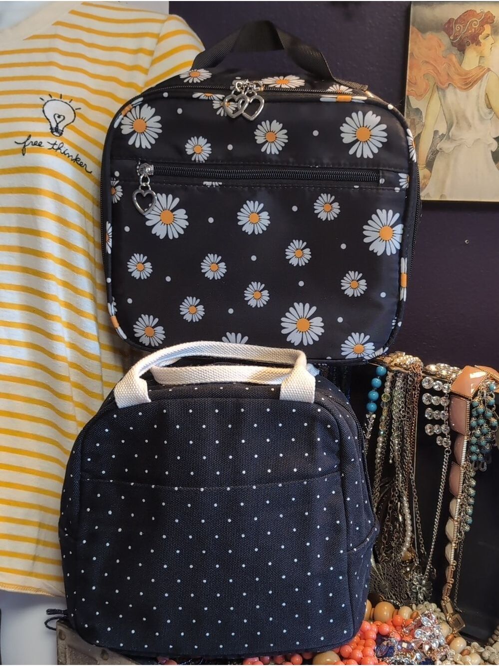 2x Black Dot & Daisy Insulated Lunch Bags with Heart Zipper Charm